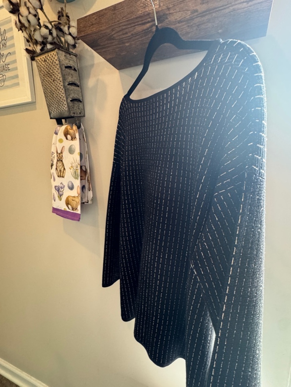 Eileen Fisher Black & Cream Vertical Stitch Knit Crewneck Sweater - Picture 4 of 4